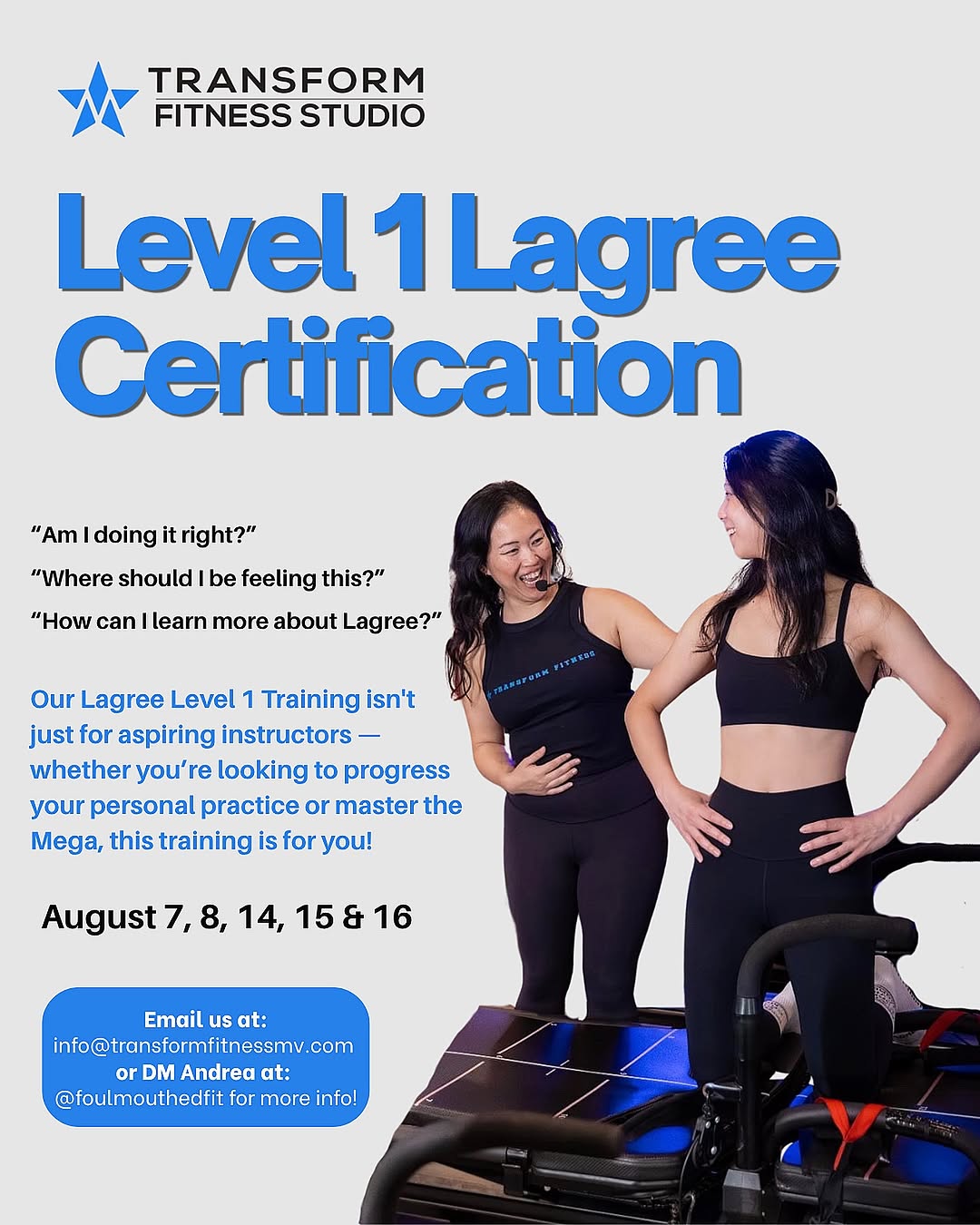 Flyer for Andrea's Lagree Level 1 certification training at Transform Fitness Studio